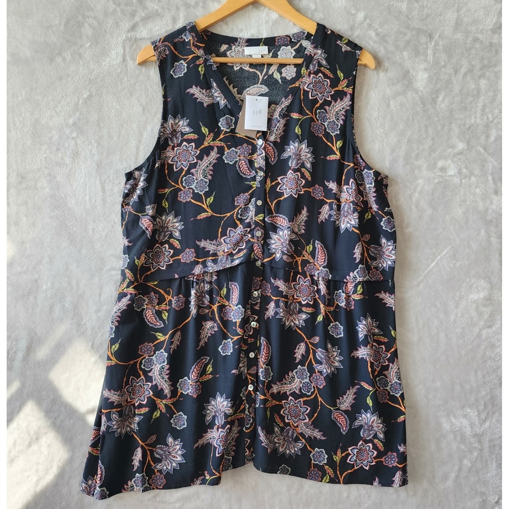 J. Jill Top Womens Size Large Tunic Length Black Paisley Floral Button Shirt NWT